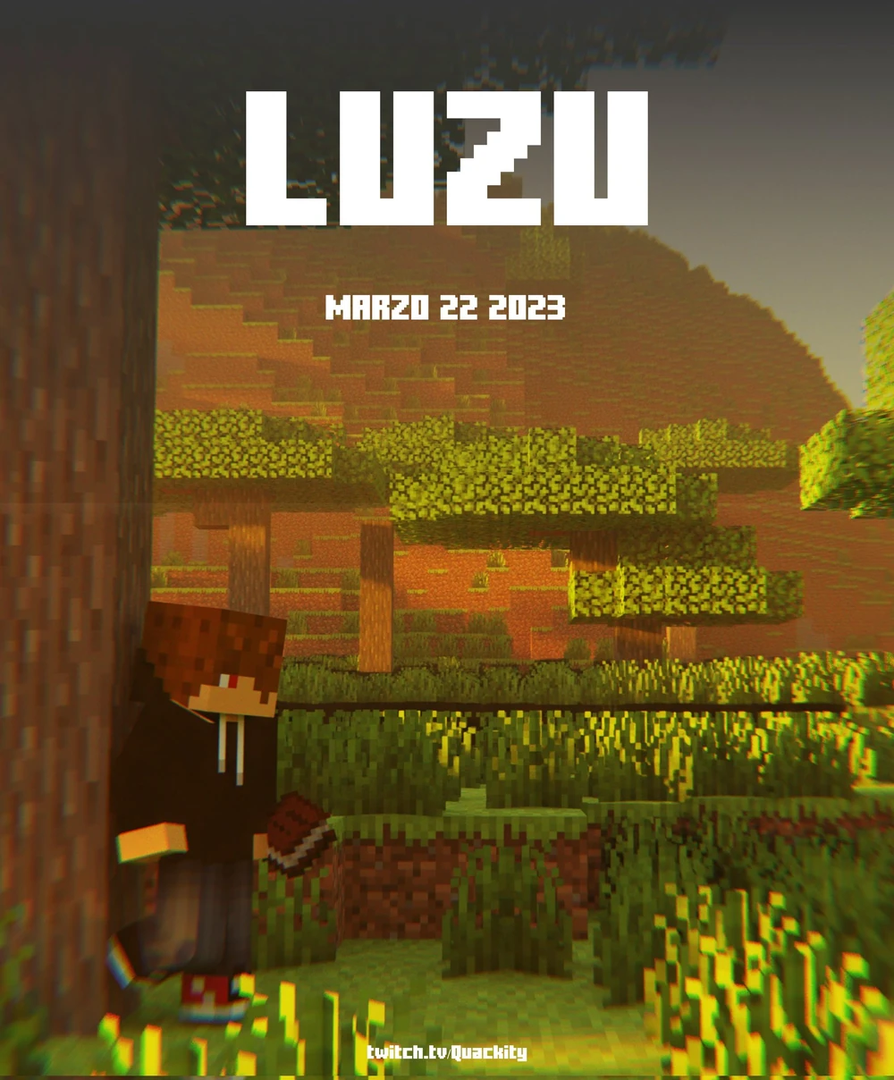 Official announcement poster for Luzu. He stands off to the side in a oak tree forest with his back to a tree and one leg resting up against it. He holds a brown book.